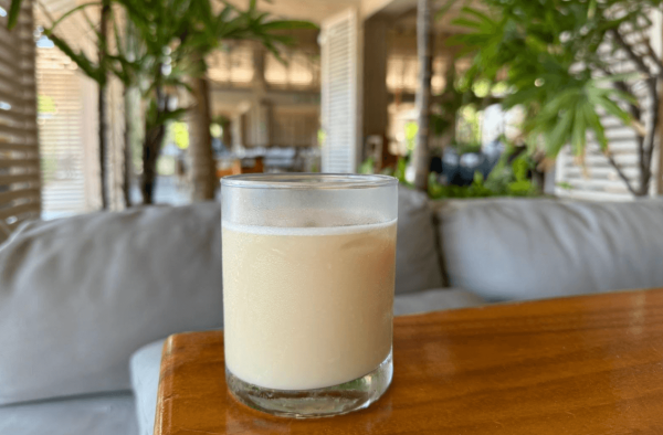 creamy coffee drink on table with plants nearby